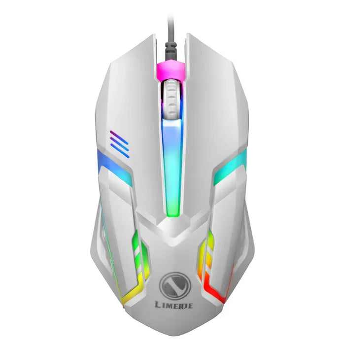 Gaming mouse with colorful LED lighting on a white background