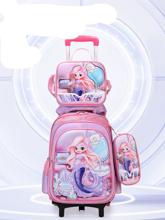 Pink school bag with mermaid design on a white background