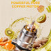 Juicer with fruits and vegetables on a beige background, highlighting a 'Powerful Pure Copper Motor'.