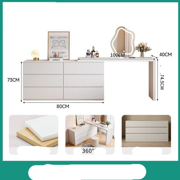 White vanity table with dimensions and features displayed on a green border