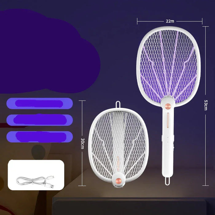 Electric fly swatter with dimensions and features on a dark background