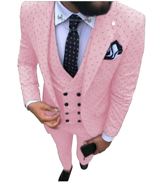 Pink polka dot suit jacket worn by a person on a white background