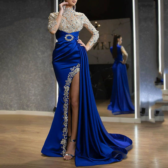 Dio Splendid High Neck Prom Robe Pleated Thigh Split Party Maxi Blue Gold Evening Dresses - Dio Kollections