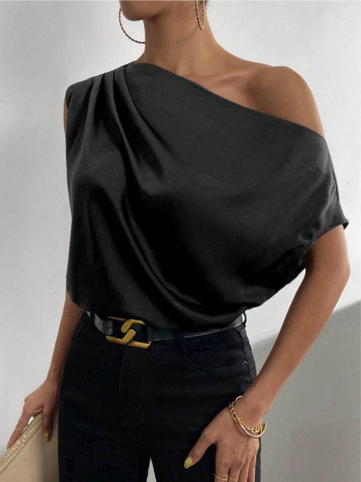 Satin Imitation Silk Irregular Shoulder Sleeveless Pullover Shirt for Women - Dio Kollections