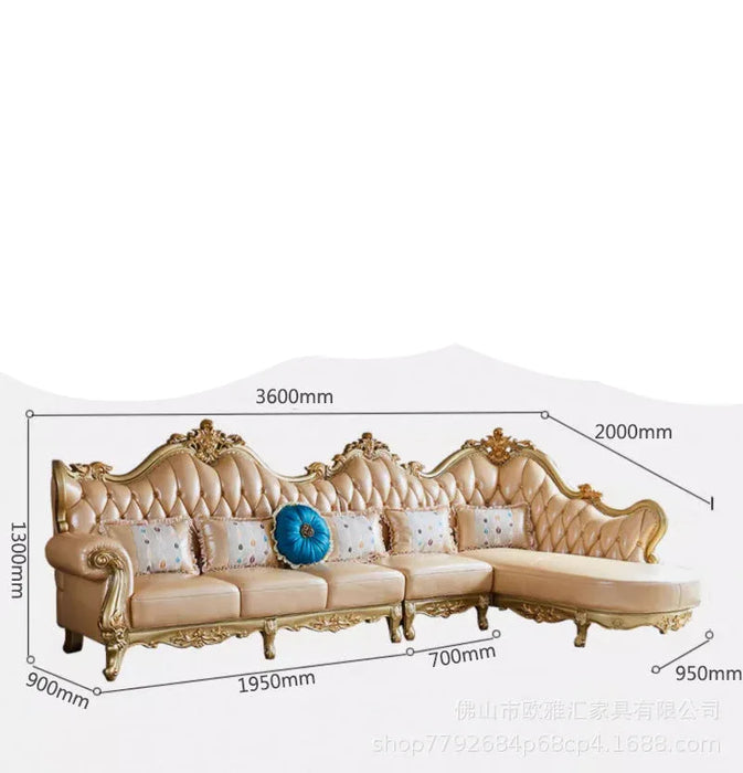 Measurement chart of a luxurious sofa with dimensions labeled.