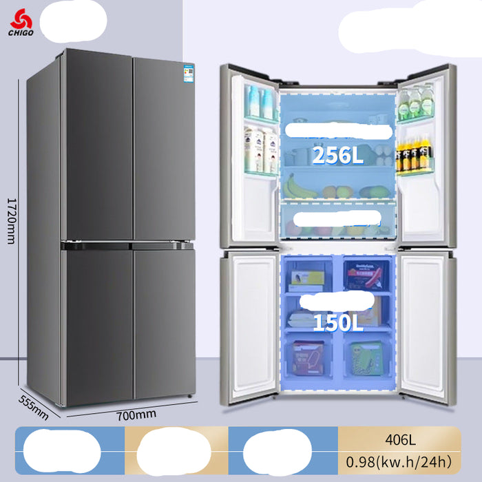 Chigo refrigerator with open doors showing interior compartments on a light gray background