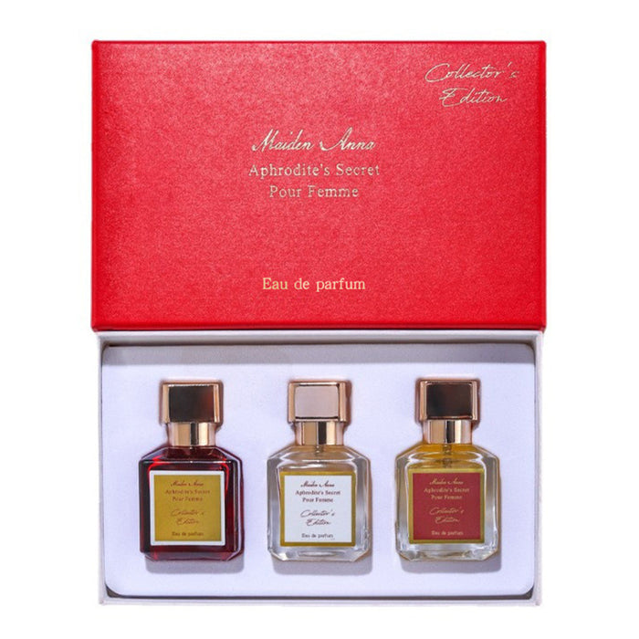 Three perfume bottles in a red box with 'Maison Miu' branding on a white background