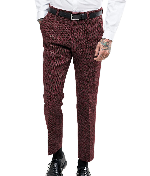 Maroon textured pants worn by a person on a white background