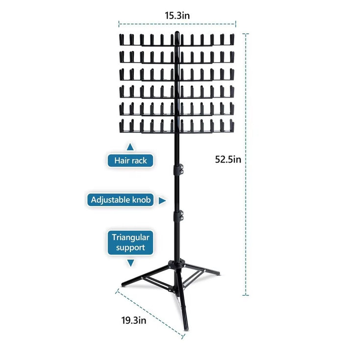 Hair rack with dimensions and features labeled on a white background