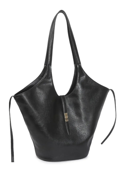 Black handbag with a gold zipper on a white background