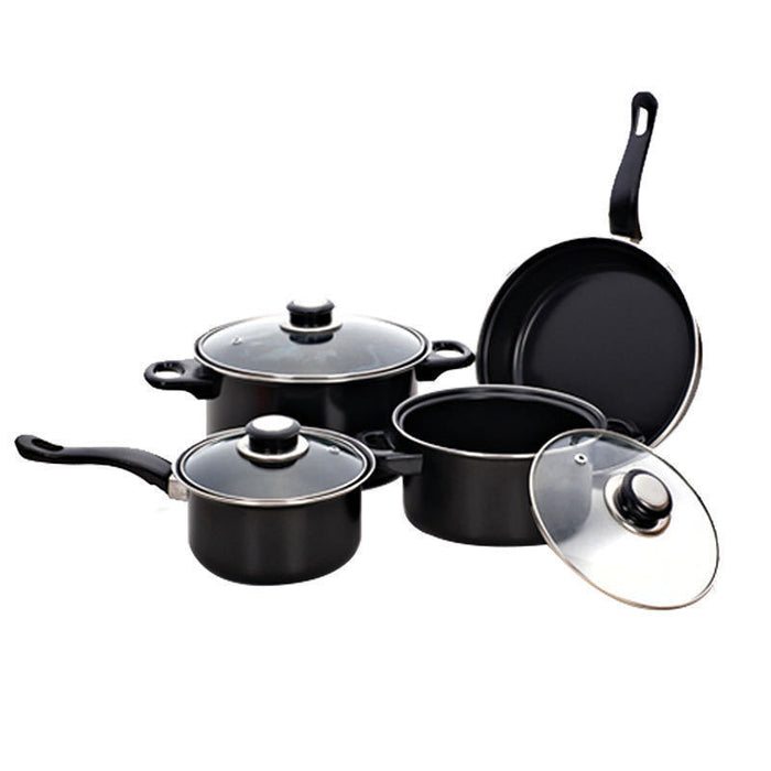Set of black cookware including pots and a frying pan on a white background