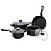 Set of black cookware including pots and a frying pan on a white background