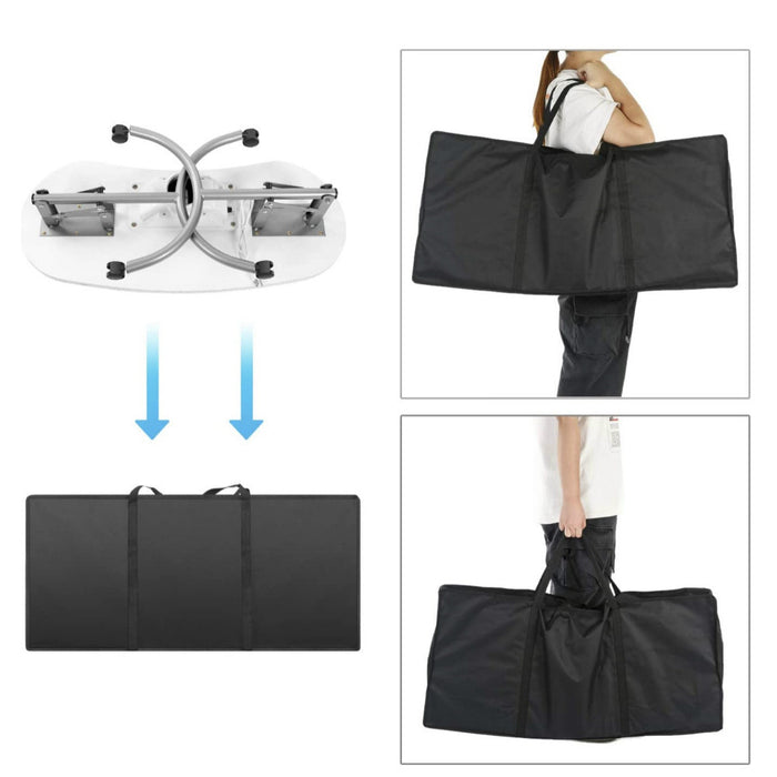 Collapsible table with carrying case, shown in open and folded states.