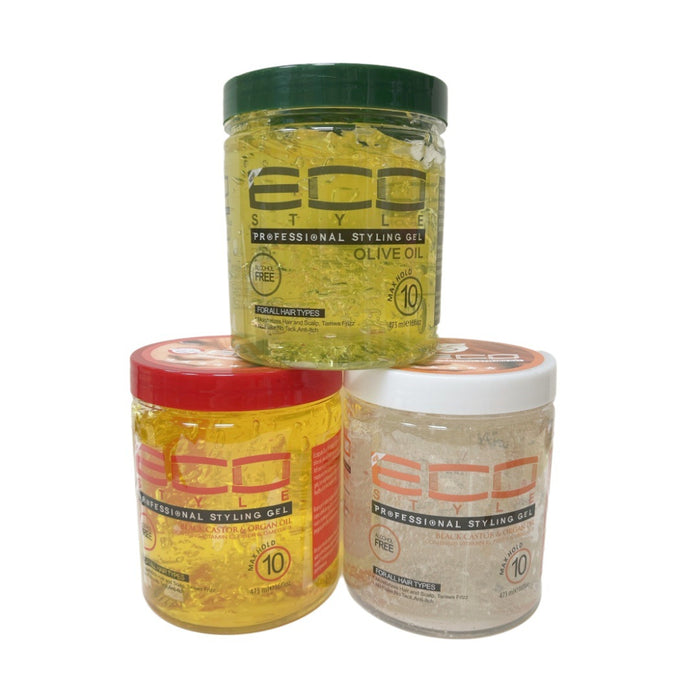 Three jars of Eco Styler professional styling gel on a white background