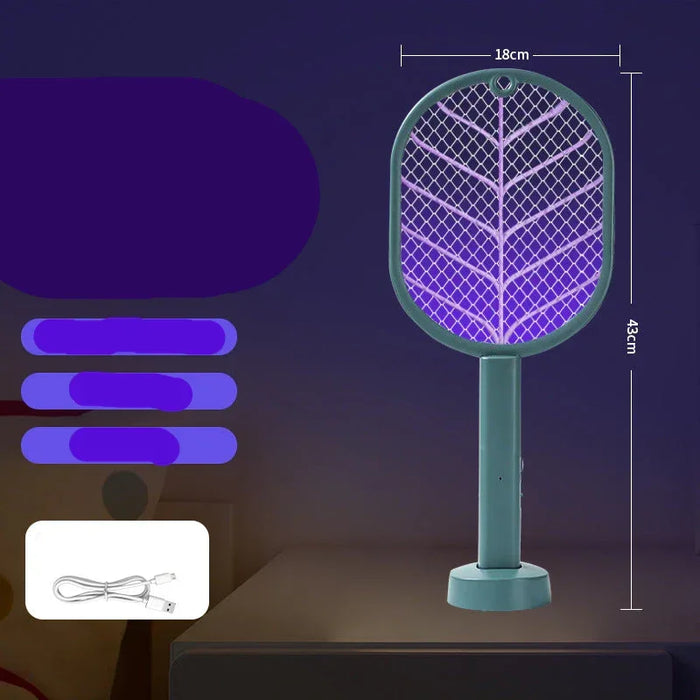 Electric fly swatter with purple light on a dark background, featuring dimensions and text.