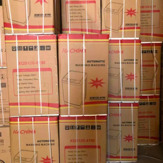 Stack of cardboard boxes with Hachimo branding and washing machine images.