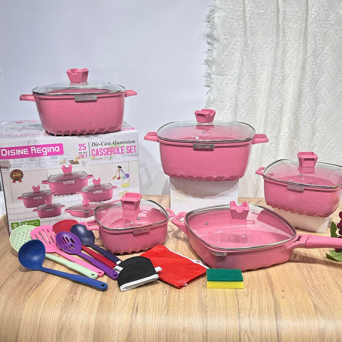 25-Piece Premium Non-Stick Medical Stone Cookware Set in Black and Pink - Dio Kollections