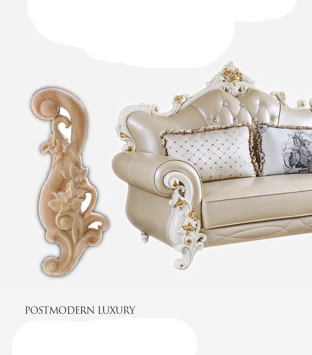 Luxury sofa with ornate design and decorative elements on a white background