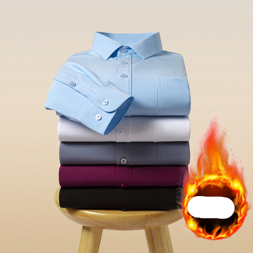 Stack of folded shirts in blue, gray, purple, and black on a wooden stool with a flame graphic and text on a beige background.