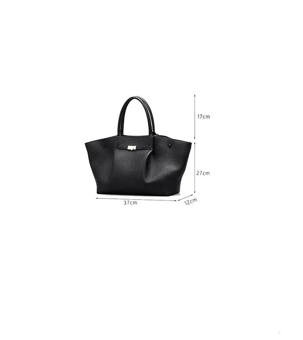 Black handbag with dimensions on a white background