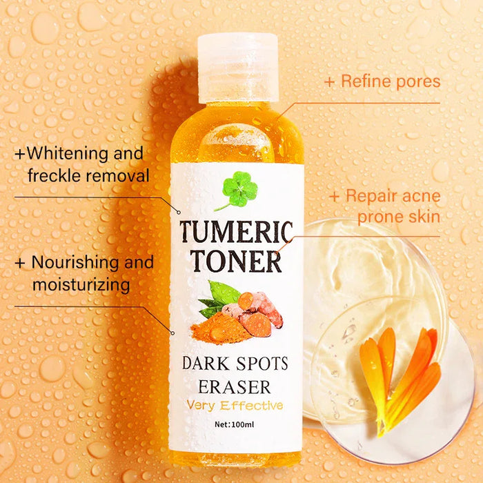 Tumeric toner bottle with benefits listed on a textured background
