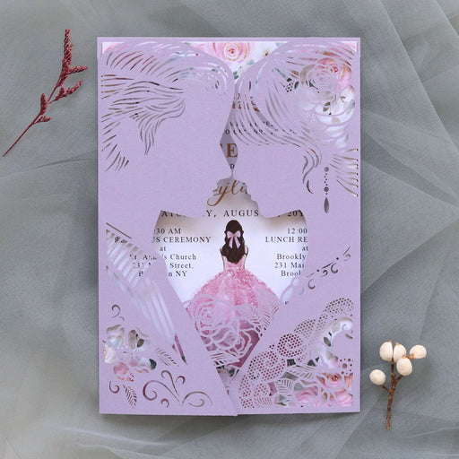 Pink wedding invitation with cut-out design of a woman in a dress on a gray background.