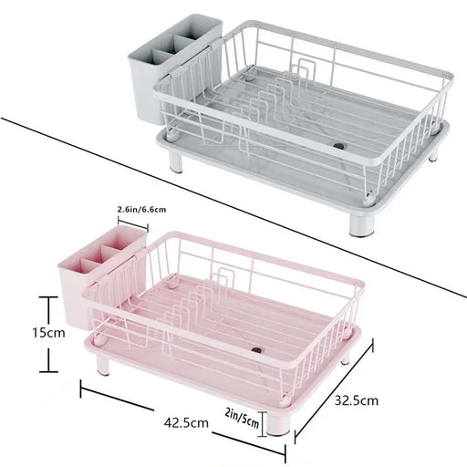 Two dish drying racks, one gray and one pink, with measurements on a white background.