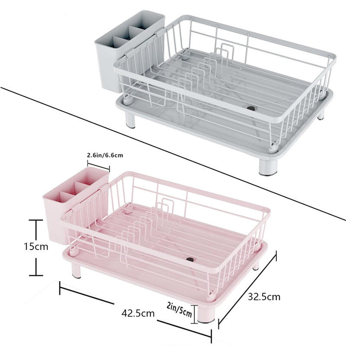 Two dish drying racks, one gray and one pink, with measurements on a white background.