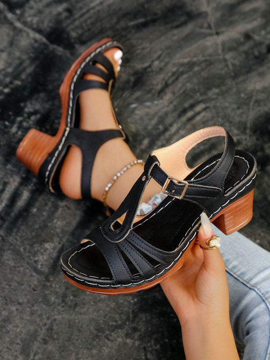 Summer New Solid Color Fish Mouth Thick Heel One-Way Buckle Strap High Heel Sandals - Dio Kollections