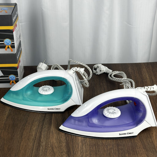 Two electric iron with blue and purple designs on a wooden surface.
