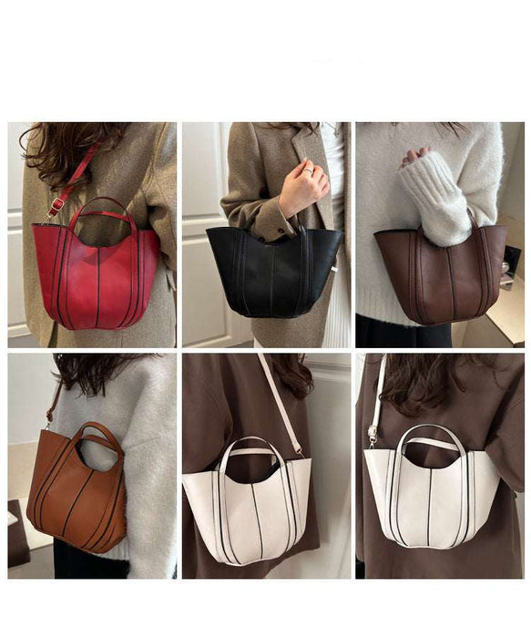 A 6-panel collage showing a women's structured bucket tote bag in multiple colors, worn by models in different outfits. The bag features a curved, tiered silhouette with vertical contrast stitching and top handles.