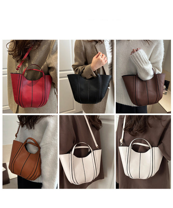 A 6-panel collage showing a women's structured bucket tote bag in multiple colors, worn by models in different outfits. The bag features a curved, tiered silhouette with vertical contrast stitching and top handles.