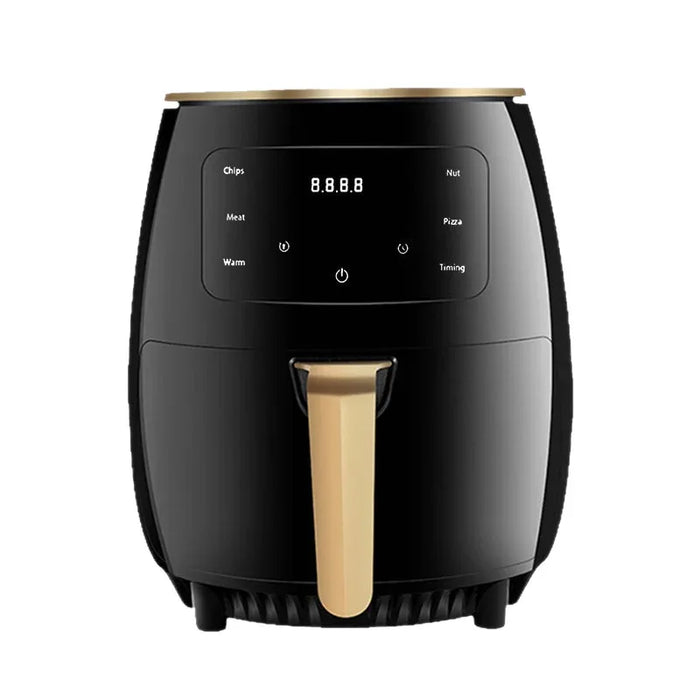 Black air fryer with gold accents on a white background