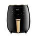 Black air fryer with gold accents on a white background