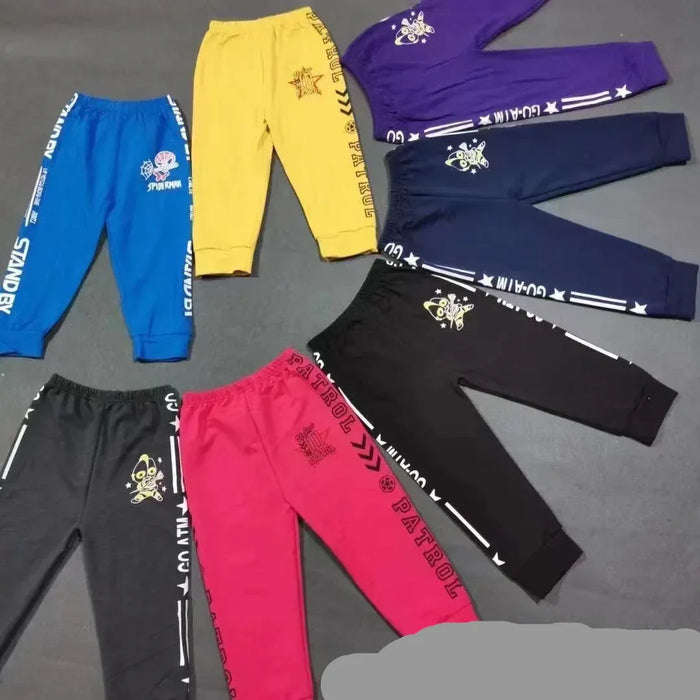 Colorful pants with branding on a gray background