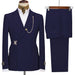 Navy blue suit jacket and pants on a mannequin and hanger against a white background