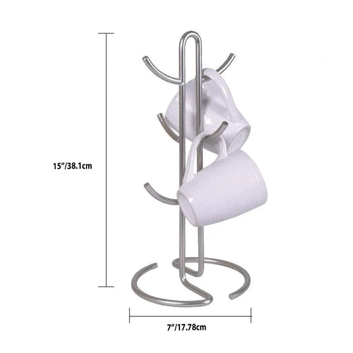 Metal mug rack with white mugs on a white background, showing dimensions.