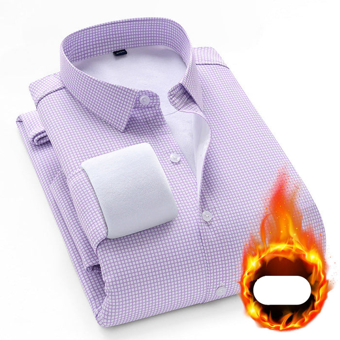 Purple checkered shirt with a flame graphic and text on a white background
