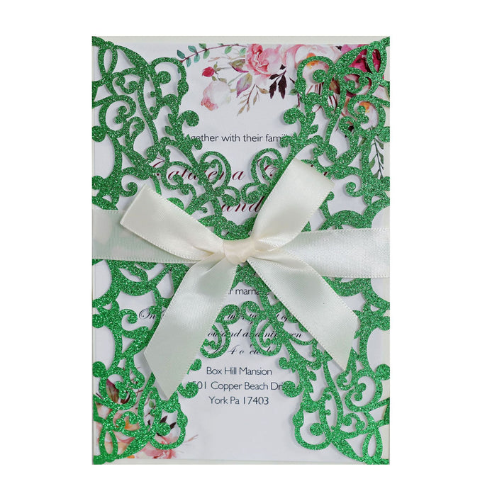 Laser Golden Deep Orchid Wedding Invitation Card Romantic- 10 Pieces