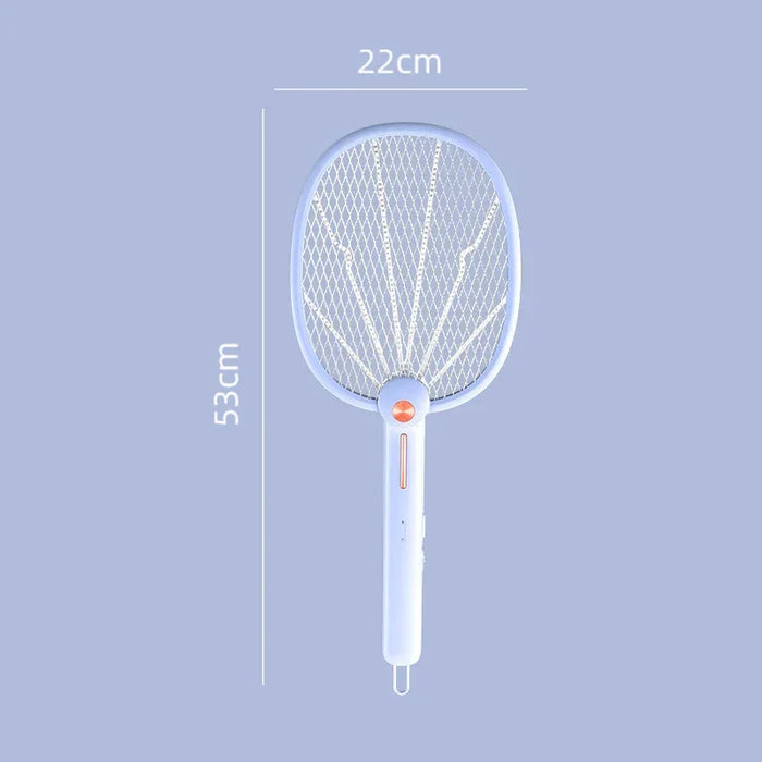 Electric fly swatter with dimensions on a light purple background