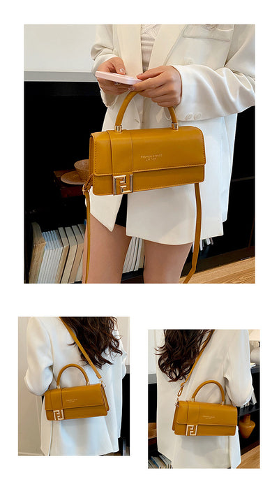 A collage showing a mustard yellow structured handbag with a top handle, detachable shoulder strap, and gold-tone front hardware, worn by a person in a white blazer in an indoor setting.