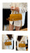 A collage showing a mustard yellow structured handbag with a top handle, detachable shoulder strap, and gold-tone front hardware, worn by a person in a white blazer in an indoor setting.