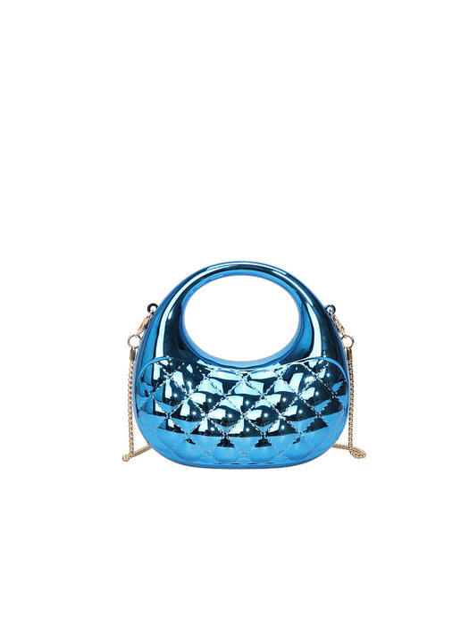 Blue handbag with chain strap on a white background