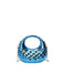 Blue handbag with chain strap on a white background