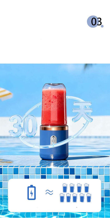 Portable blender with red juice on a blue tiled background
