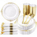 White and gold party supplies including plates, cups, cutlery, and napkins.