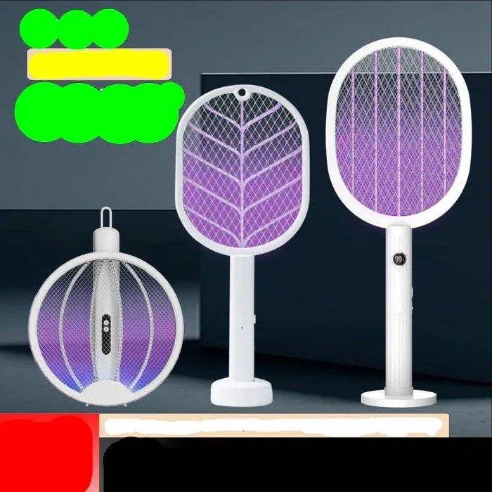 Electric fly swatter with purple mesh on a dark background