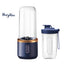 Navy blue portable blender with clear container on a white background