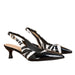 A pair of women's slingback kitten heels featuring a glossy black patent leather toe cap and heel, combined with black and white zebra-print straps and a black ankle strap with a gold buckle.
