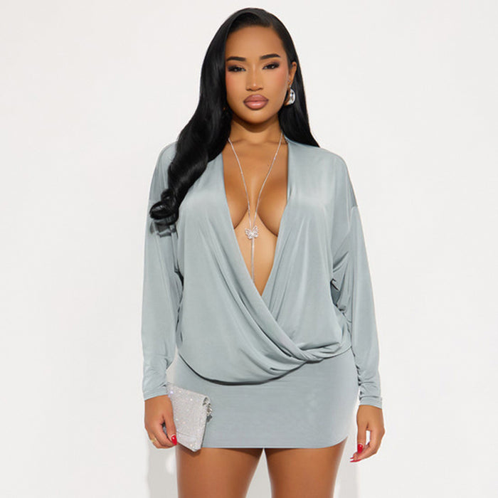 Dio Sexy Deep V Long Sleeve Waist Bag Hip Women  Dress